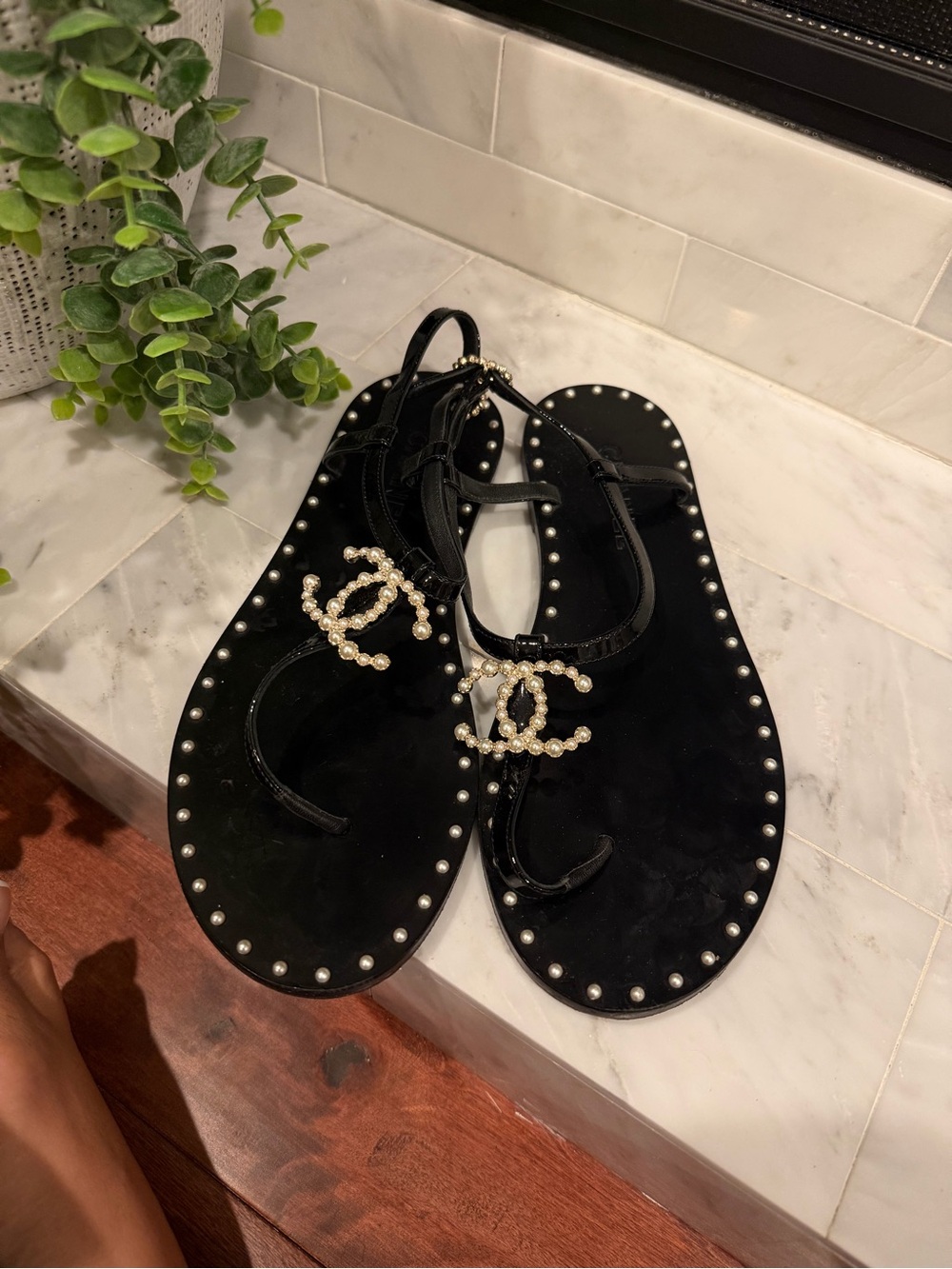 Chanel Pearl CC Thong Sandals Black Jelly Studded Flat Sandals luxury chic
